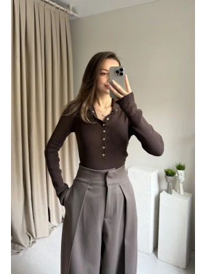 Kahve Çıtçıtlı Triko Premium Kazak