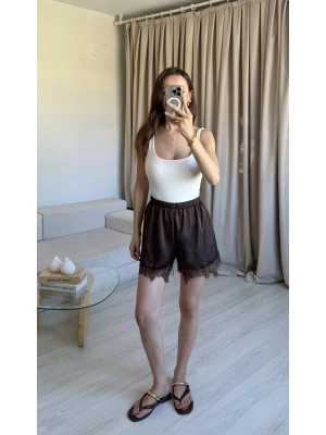 Kahve Dantel Saten Şort