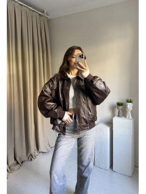 Kahve Dikiş Detaylı Premium Deri Ceket