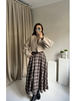 Kahve Ekose Deri Detaylı Etek