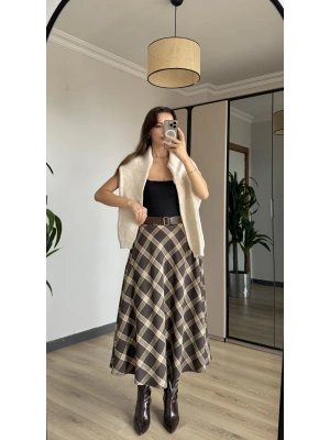 Kahve Ekose Kemerli Etek