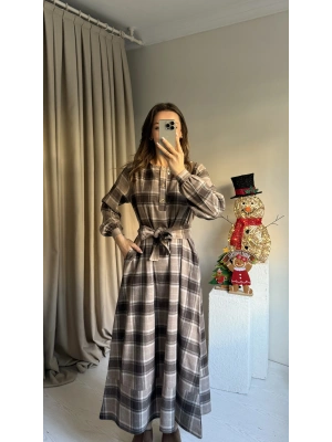 Kahve Ekose Kuşaklı Maxi Boy Elbise