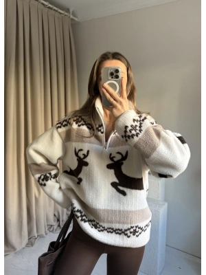 Kahve Geyik Desenli Teddy Kazak