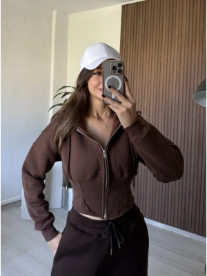 Kahve Kapüşonlu Korse Kesim Hırka