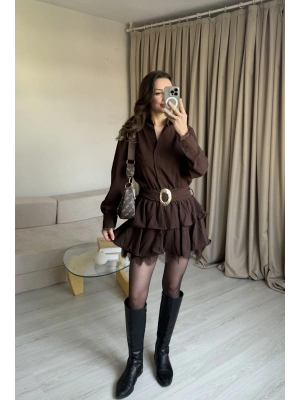 Kahve Kemerli Dantel Elbise