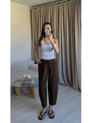 Kahve Keten Yıkamalı Balon Pantolon