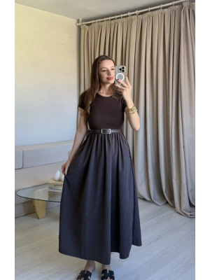 Kahve Kısa Kollu Kaşkorse Elbise