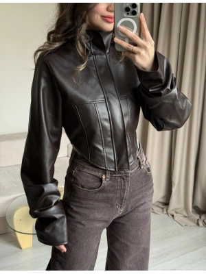 Kahve Korse Kesim Deri Ceket