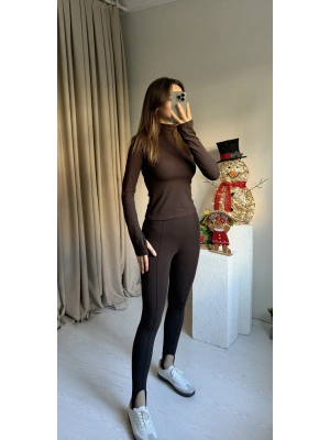 Kahve Lastik Geçirmeli Vatkalı Tayt Takım