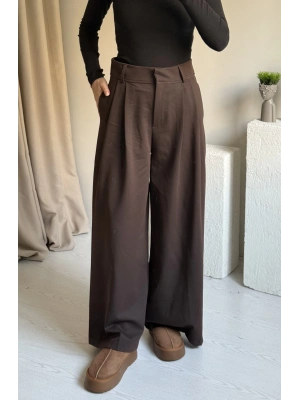 Kahve Muadil Çift Pileli Pantolon