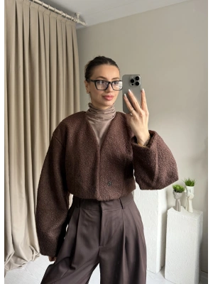 Kahve Orkide Kumaş Crop Ceket