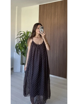 Kahve Puantiye Desenli İp Askı Elbise