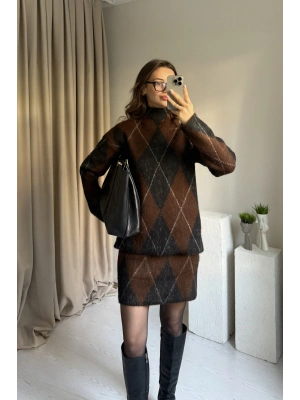 Kahve-Siyah Baklava Desenli Etek Takım