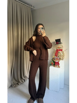 Kahve Üçlü Örgü Triko Takım