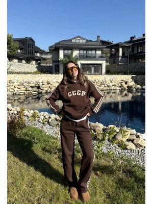 Kahverengi 3 İplik Şardonlu Çizgili Takım