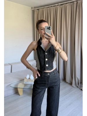 Kahverengi Denim Yelek Takım