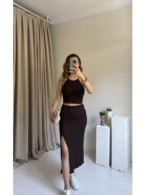Kahverengi Dokulu Kumaş Etekli Takım