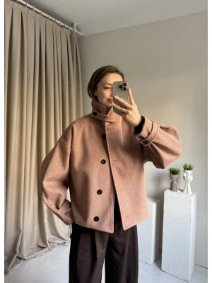 Kiremit Kaşe Düğmeli Çizgili Ceket