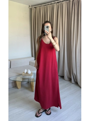 Kırmızı Ayrobin Maxi Boy Askılı Elbise