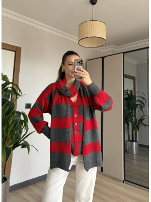 Kırmızı Çizgi Atkılı Hırka