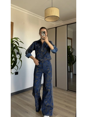 Koyu Denim Etnik Desen Takım
