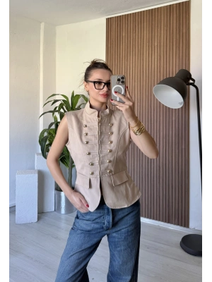 Krem Apoletli Denim Yelek
