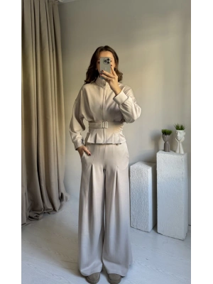 Krem Beli Kemerli Premium Kumaş Takım