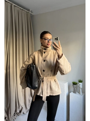 Krem Dik Yaka Kuşaklı Trenç