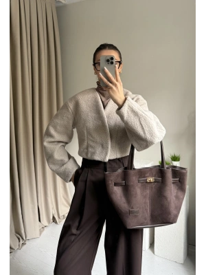 Krem Orkide Kumaş Crop Ceket