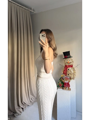 Krem Üçlü Örgü Triko Takım