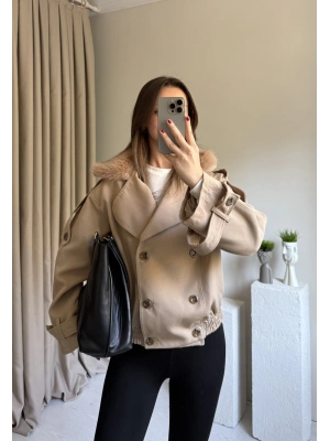 Krem Yakası Kürk Detaylı Trençkot