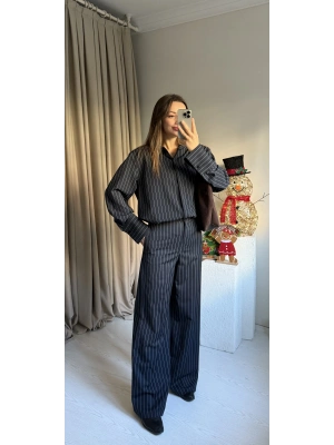Lacivert Çizgili Vatkalı Gömlek Pantolon Takım