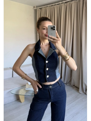 Lacivert Denim Yelek Takım