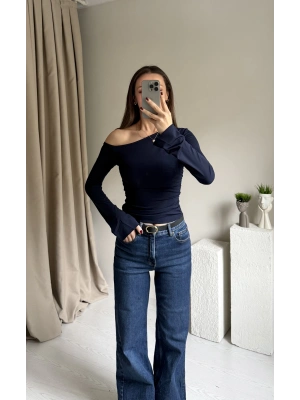 Lacivert Düşük Omuz İspanyol Kol Bluz