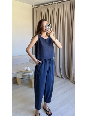 Lacivert Tencel Kalın Askılı Takım