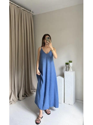 Mavi Askılı Keten Elbise