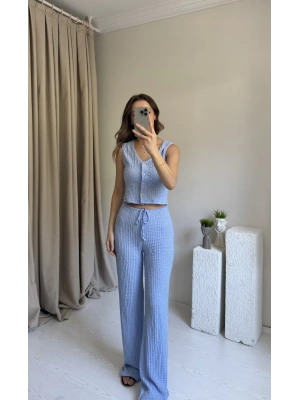 Mavi Düğmeli Pantolon Yelek Takım