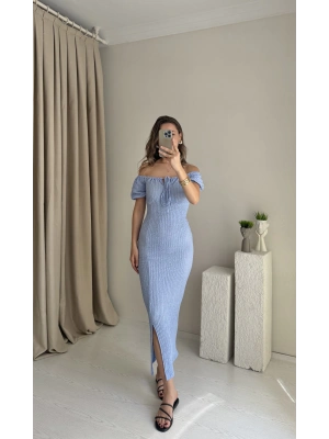 Mavi Gofre Kumaş Balon Kol Elbise