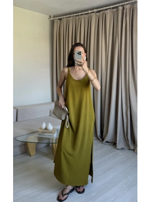 Olive Ayrobin Maxi Boy Askılı Elbise