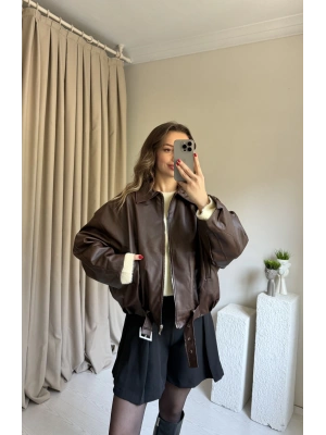 PB Marka Kahve Kemerli Deri Ceket