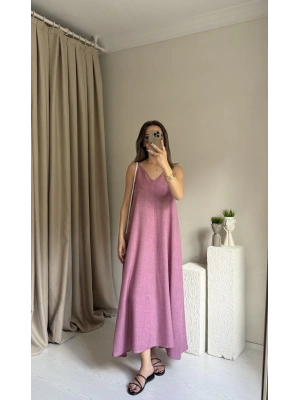 Pembe Askılı Keten Elbise