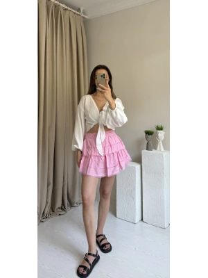 Pembe Dantel Detay Katlı Etek