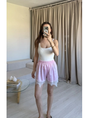 Pembe Dantel Saten Şort