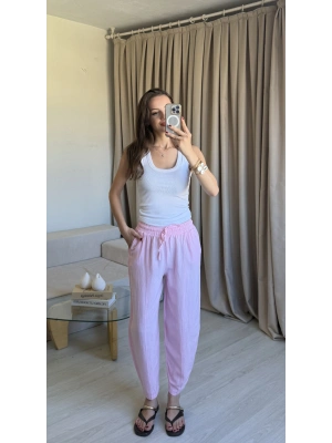 Pembe Keten Yıkamalı Balon Pantolon