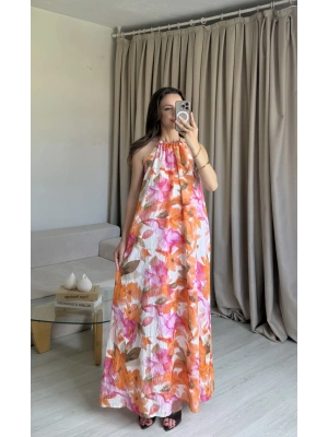 Pembe/Turuncu Boyundan Bağlamalı Elbise