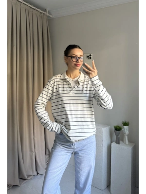 Polo Yaka Çizgili Pamuklu Bluz