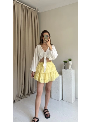 Sarı Dantel Detay Katlı Etek