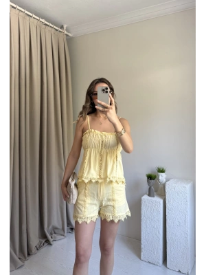 Sarı Güpürlü Şort Takım