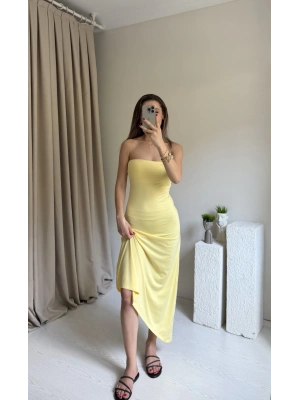 Sarı Straplez Asimetrik Kesim Elbise