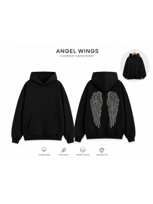 Siyah Angel Taşlı Sweatshirt